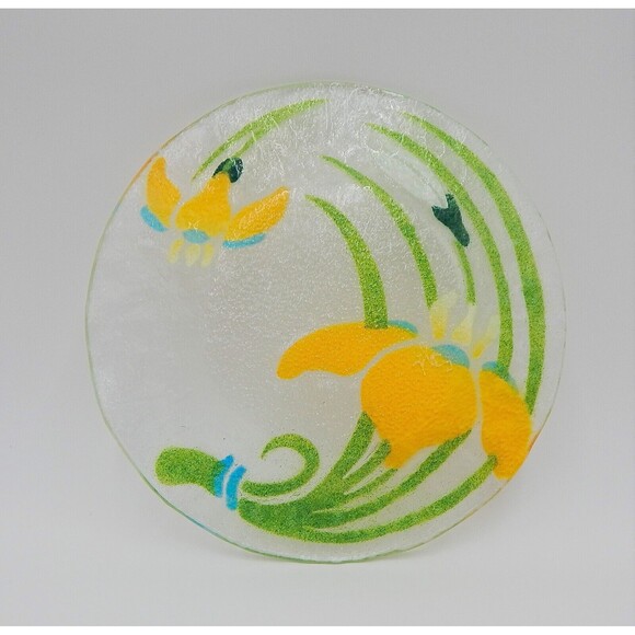 Sydenstricker Fused Art Glass Peach Iris 8-1/2 Inch Salad Plate Green Leaves - Picture 3 of 6